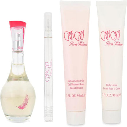 PARIS HILTON CAN CAN WOMENS 4 PCS GIFT SET: 3.4 EAU DE PARFUM + 3 OZ SHOWER GEL + 3 OZ BODY LOTION + 0.34 SPRAY