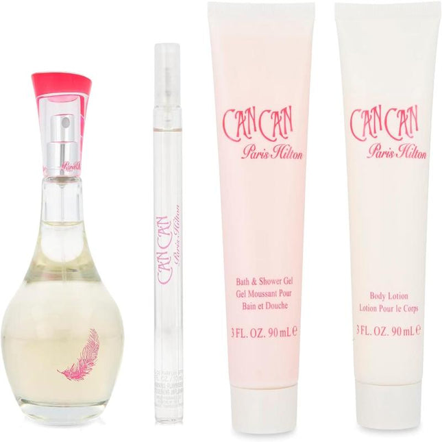 PARIS HILTON CAN CAN WOMENS 4 PCS GIFT SET: 3.4 EAU DE PARFUM + 3 OZ SHOWER GEL + 3 OZ BODY LOTION + 0.34 SPRAY