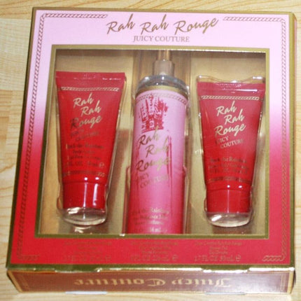JUICY COUTURE RAH RAH ROUGE 3 PCS SET FOR WOMEN: 8 OZ FRAGRANCE MIST + 1.7 BODY LOTION + 1.7 SHOWER GEL