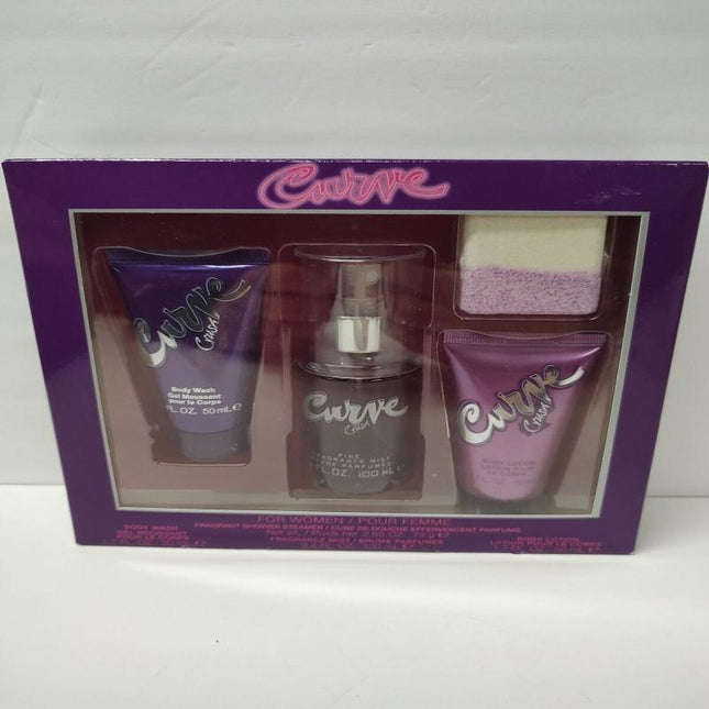 CURVE CRUSH 4 PCS GIFT SET FOR WOMEN: 1.7 BODY WASH GEL + 3.4 FRAGRANCE MIST + 1.7 BODY LOTION + 2.65 SHOWER STEAMER.