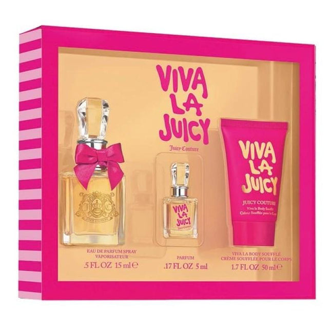 VIVA LA JUICY 3 PCS SET FOR WOMEN: 0.5 EAU DE PARFUM SPRAY + 0.17 PARFUM + 1.7 BODY SOUFFLE.