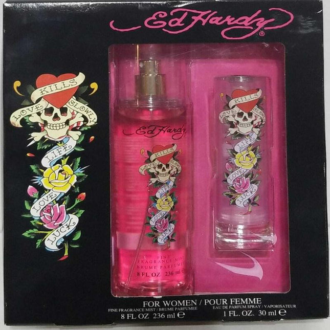 ED HARDY 2 PCS SET FOR WOMEN: 1 OZ EAU DE PARFUM SPRAY + 8 OZ FRAGRANCE MIST SPRAY (WINDOW)