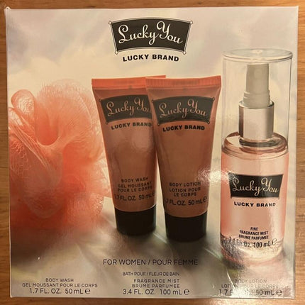 LUCKY YOU 4 PCS SET FOR WOMEN: 3.4 FRAGRANCE MIST + 1.7 BODY LOTION + 1.7 BODY WASH + BATH POUF