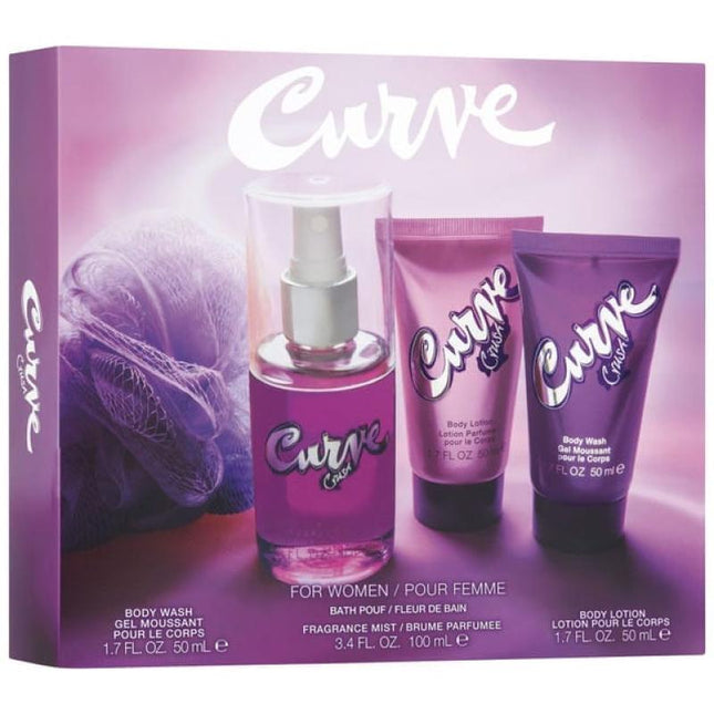 CURVE CRUSH 4 PCS SET FOR WOMEN: 3.4 FRAGRANCE MIST + 1.7 BODY LOTION + 1.7 BODY WASH + BATH POUF