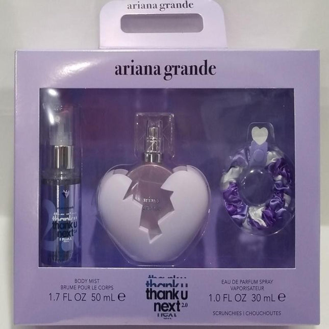 ARIANA GRANDE THANK U NEXT 2.0 3 PCS SET FOR WOMEN: 1 OZ EAU DE PARFUM SPRAY + 1.7 BODY MIST + SCRUNCHIE