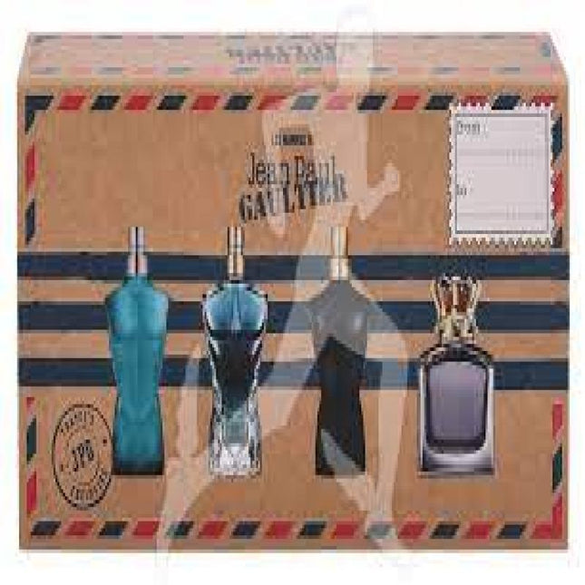 JEAN PAUL GAULTIER 4 PCS MINI SET FOR MEN: 0.24 LE MALE EDT + 0.24 LE BEAU EDT + 0.24 LE MALE LE PARFUM EDP INTENSE + 0.24 SCANDAL EDT