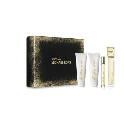 MICHAEL KORS SEXY AMBER 4 PCS SET FOR WOMEN: 3.4 EAU DE PARFUM SPRAY + 0.3 EAU DE PARFUM SPRAY + 3.4 BODY LOTION + 3.4 SHOWER GEL
