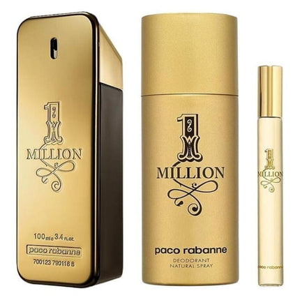 PACO RABANNE ONE MILLION 3 PCS SET FOR MEN: 3.4 EAU DE TOILETTE SPRAY + 5.1 DEODORANT SPRAY + 0.34 EAU DE TOILETTE.