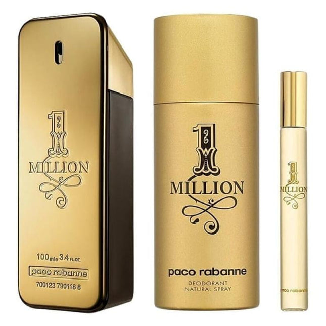 PACO RABANNE ONE MILLION 3 PCS SET FOR MEN: 3.4 EAU DE TOILETTE SPRAY + 5.1 DEODORANT SPRAY + 0.34 EAU DE TOILETTE.