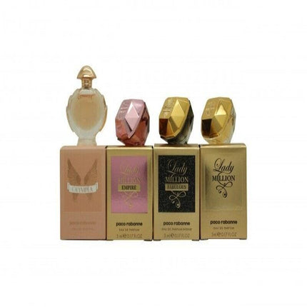 PACO RABANNE 4 PCS MINI SET FOR WOMEN: LADY MILLION 0.17 EAU DE PARFUM + LADY MILLION FABULOUS 0.17 EAU DE PARFUM INTENSE + LADY MILLION EMPIRE 0.17 EAU DE PARFUM + OLYMPEA 0.20 EAU DE PARFUM (INDIVIDUALLY BOXED)