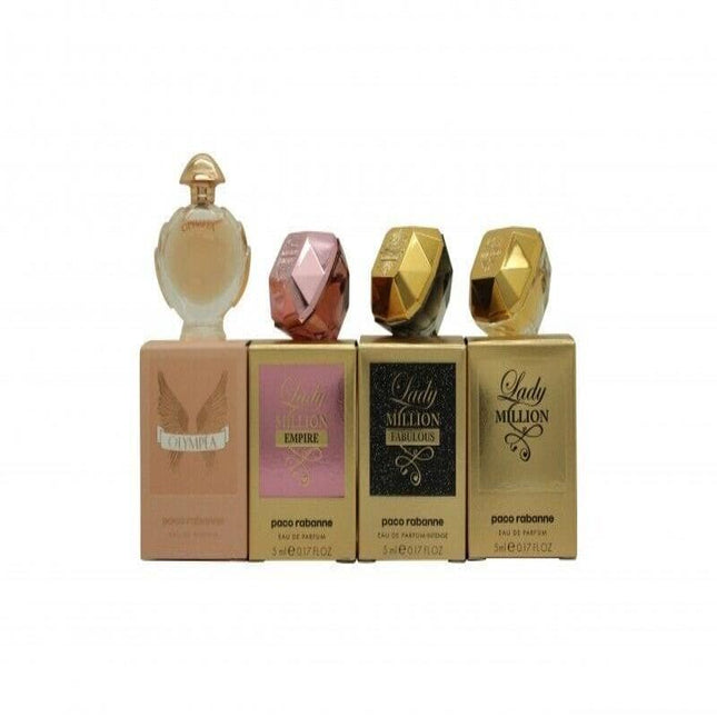 PACO RABANNE 4 PCS MINI SET FOR WOMEN: LADY MILLION 0.17 EAU DE PARFUM + LADY MILLION FABULOUS 0.17 EAU DE PARFUM INTENSE + LADY MILLION EMPIRE 0.17 EAU DE PARFUM + OLYMPEA 0.20 EAU DE PARFUM (INDIVIDUALLY BOXED)