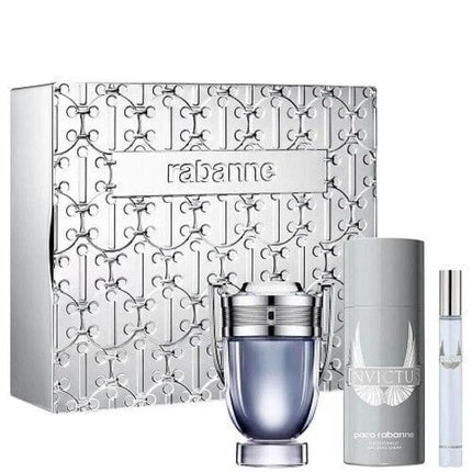 PACO RABANNE INVICTUS 3 PCS SET FOR MEN: 3.4 EAU DE TOILETTE SPRAY + 5.1 DEODORANT SPRAY + 0.34 EAU DE TOILETTE SPRAY