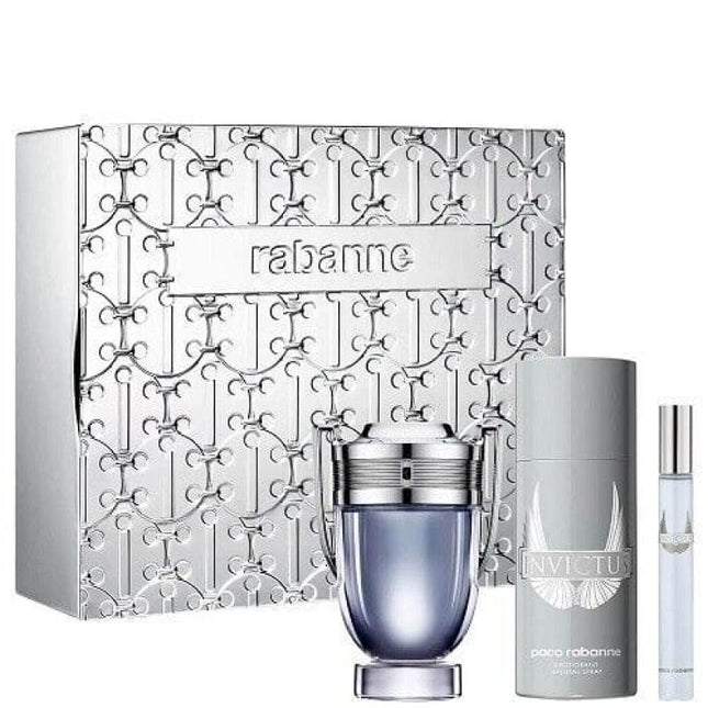 PACO RABANNE INVICTUS 3 PCS SET FOR MEN: 3.4 EAU DE TOILETTE SPRAY + 5.1 DEODORANT SPRAY + 0.34 EAU DE TOILETTE SPRAY