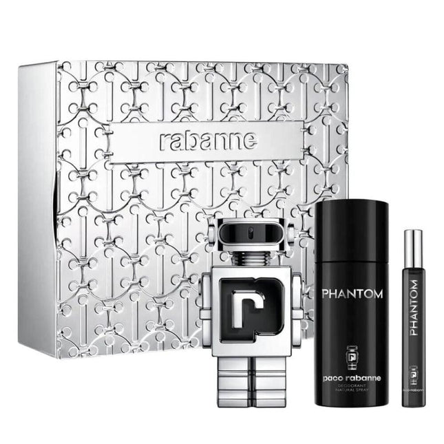 PACO RABANNE PHANTOM 3 PCS SET FOR MEN: 3.4 EAU DE TOILETTE SPRAY + 5.1 DEODORANT SPRAY + 0.34 EAU DE TOILETTE SPRAY.