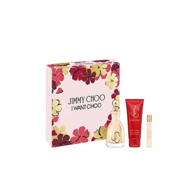 JIMMY CHOO I WANT CHOO 3 PCS SET FOR WOMEN: 3.4 EAU DE PARFUM SPRAY + 0.25 EAU DE PARFUM SPRAY + 3.4 BODY LOTION