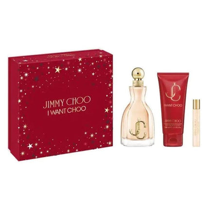 JIMMY CHOO I WANT CHOO 3 PCS SET FOR WOMEN: 3.3 EAU DE PARFUM SPRAY + 0.25 EAU DE PARFUM SPRAY + 3.3 BODY LOTION.