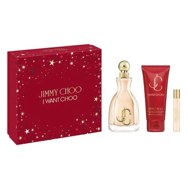 JIMMY CHOO I WANT CHOO 3 PCS SET FOR WOMEN: 3.3 EAU DE PARFUM SPRAY + 0.25 EAU DE PARFUM SPRAY + 3.3 BODY LOTION.