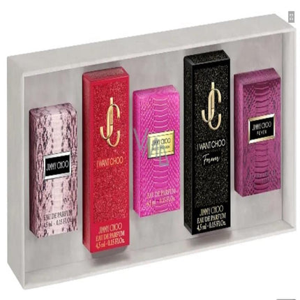 JIMMY CHOO 5 PCS MINI SET FOR WOMEN: JIMMY CHOO 0.15 EAU DE PARFUM + I WANT CHOO 0.15 EAU DE PARFUM + ROSE PASSION 0.15 EAU DE PARFUM + I WANT CHOO FOREVER 0.15 EAU DE PARFUM + FEVER 0.15 EAU DE PARFUM
