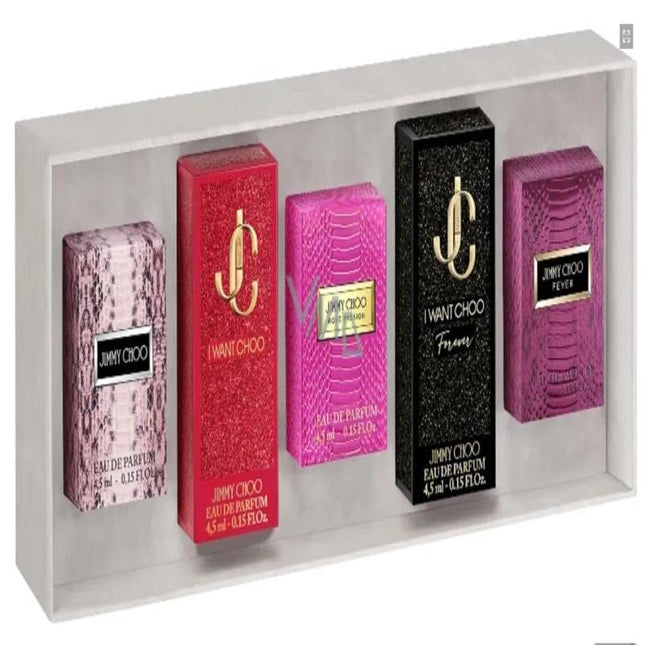 JIMMY CHOO 5 PCS MINI SET FOR WOMEN: JIMMY CHOO 0.15 EAU DE PARFUM + I WANT CHOO 0.15 EAU DE PARFUM + ROSE PASSION 0.15 EAU DE PARFUM + I WANT CHOO FOREVER 0.15 EAU DE PARFUM + FEVER 0.15 EAU DE PARFUM