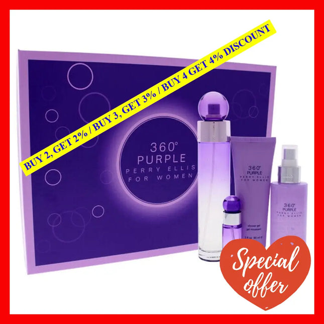360 Purple By Perry Ellis For Women - 4 Pc Gift Set 3.4Oz Edp Spray 7.5Ml Mini 4Oz Body Mist 3Oz