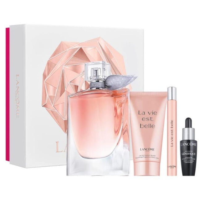 LANCOME LA VIE EST BELLE 4 PCS SET: 3.4 EAU DE PARFUM SPRAY + 0.34 EAU DE PARFUM SPRAY + 1.6 BODY LOTION + 0.33 ADVANCED GENIFIQUE (HARD BOX)