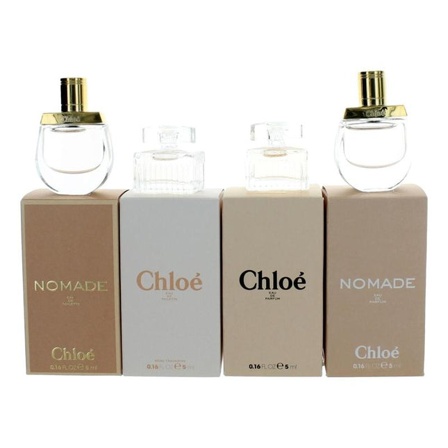 CHLOE 4 PCS MINI SET: NOMADE 0.16 EAU DE TOILETTE + 0.16 ROSE TANGERINE 0.16 EAU DE TOILETTE + SIGNATURE 0.16 EAU DE PARFUM + NOMADE 0.16 EAU DE PARFUM (INDIVIDUALLY BOXED)