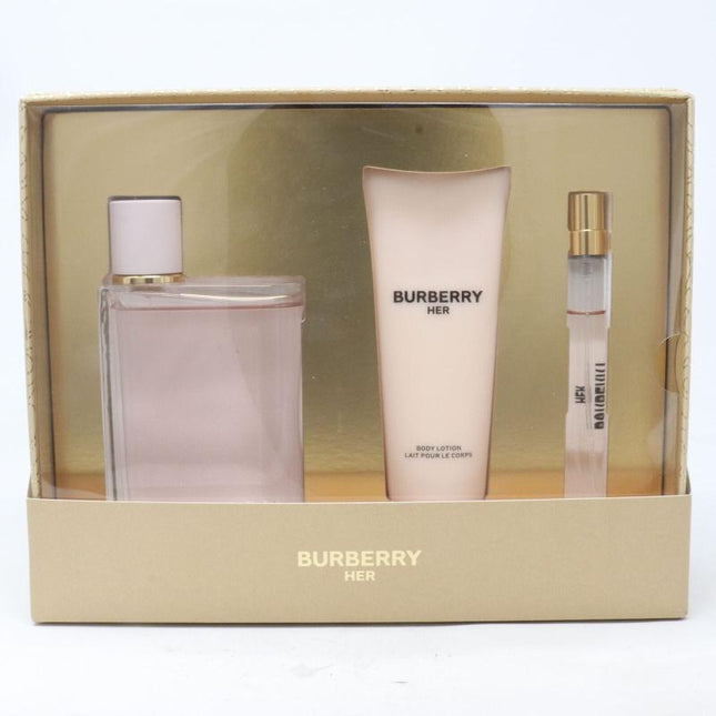 BURBERRY HER 3 PCS SET: 3.4 EAU DE PARFUM SPRAY + 0.33 EAU DE PERFUME SPRAY + 2.5 BODY LOTION (HARD)