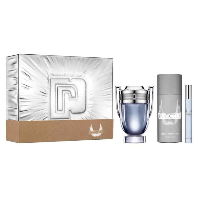PACO INVICTUS 3 PCS SET FOR MEN: 3.4 EAU DE TOILETTE SPRAY + 5 OZ DEODORANT SPRAY + 0.33 EAU DE TOILETTE SPRAY (METAL BOX)