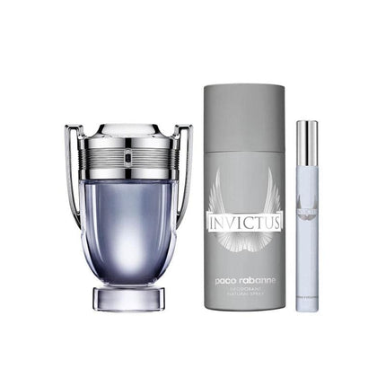 PACO INVICTUS 3 PCS SET FOR MEN: 3.4 EAU DE TOILETTE SPRAY + 5 OZ DEODORANT SPRAY + 0.33 EAU DE TOILETTE SPRAY (METAL BOX)
