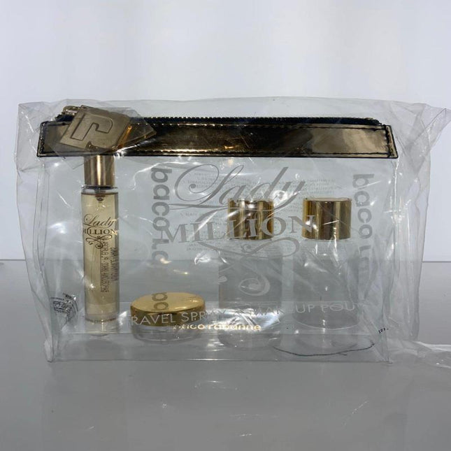 Paco Rabanne Lady Million For Women 5 Piece Set (0.34 Eau De Parfum Travel Spray + 3 Empty Containers + Toiletry Bag)