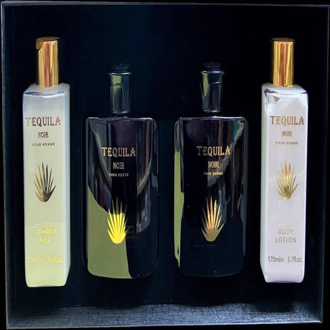Tequila Parfums Noir Pour Homme for Men 4 Piece HardBox Set (3.4 Ounce Eau de Parfum + 3.4 Ounce After Shave + 5.7 Ounce Shower Gel + 5.7 Ounce Body Lotion)