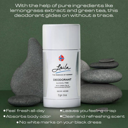 Laila Geir Ness Deodorant - With Green Tea And Lemongrass Extracts - Alcohol And Aluminum Free for Sensitive Skin - Long Lasting Fresh and Clean Scent