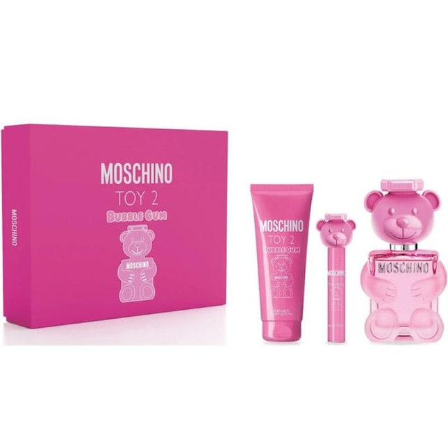 MOSCHINO TOY 2 BUBBLE GUM 3 PCS SET FOR WOMEN: 3.4 EAU DE TOILETTE SPRAY + 0.34 EAU DE TOILETTE TRAVEL SPRAY + 3.4 BODY LOTION