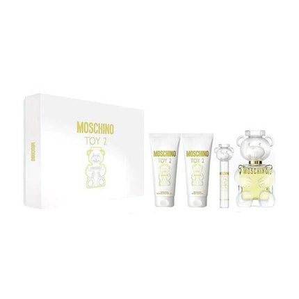 MOSCHINO TOY 2 4 PCS SET: 3.4 EAU DE PARFUM SPRAY + 0.3 OZ EAU DE PARFUM TRAVEL SPRAY +  3.4 PERFUMED BODY LOTION + 3.4 PERFUMED BATH &amp; SHOWER GEL (HARD BOX.)