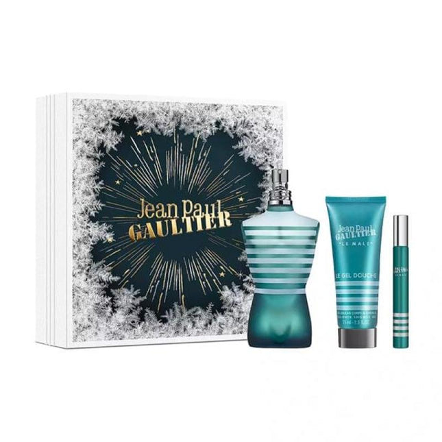 JEAN PAUL GAULTIER LE MALE 3 PCS SET: 4.2 EAU DE TOILETTE SPRAY + 2.5 SHOWER GEL + .34 EAU DE TOILETTE SPRAY (HARD BOX)