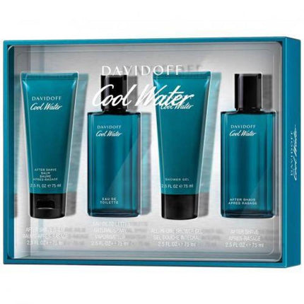 COOLWATER 4 PCS SET FOR MEN: 2.5 EAU DE TOILETTE SPRAY + 2.5 AFTER SHAVE (GLASS) + 2.5 ALL-IN-ONE SHOWER GEL + 2.5 AFTER SHAVE BALM (WINDOW BOX)