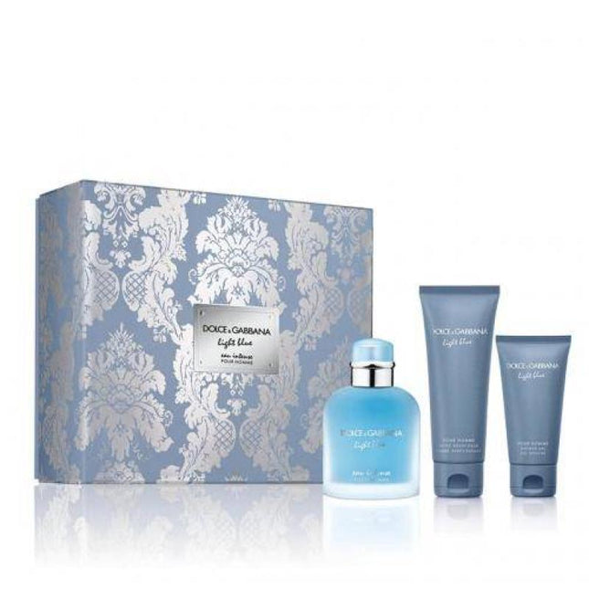 DOLCE &amp; GABBANA LIGHT BLUE EAU INTENSE 3 PCS SET FOR MEN: 3.3 EAU DE PARFUM SPRAY + 2.5 AFTER SHAVE BALM + 1.7 SHOWER GEL