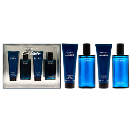 Cool Water by Davidoff for Men - 4 Piece Gift Set - EDT Spray, After Shave Balm, Shower Gel, After Shave - 2.5oz Each