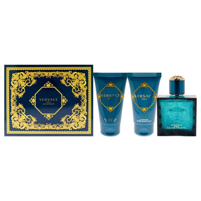 Versace Eros by Versace for Men 3 Pc Gift Set - 1.7 oz EDT Spray, 1.7 oz After Shave Balm, 1.7 oz Shower Gel