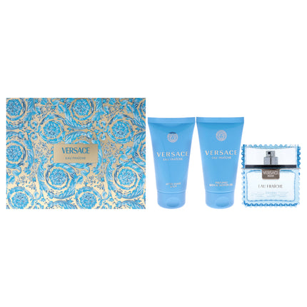 Versace Eau Fraiche for Men 3 Pc Gift Set - EDT Spray, Bath and Shower Gel, After Shave Balm
