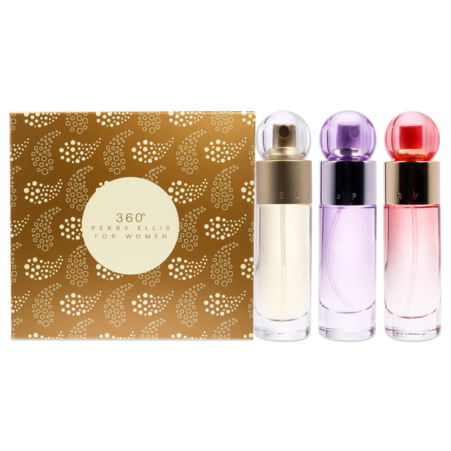 "360 by Perry Ellis for Women - 3 Pc Gift Set with EDT, Coral EDP, and Purple EDP Sprays, 1oz each"