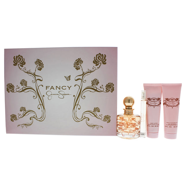 Fancy by Jessica Simpson for Women - 4 Pc Gift Set 3.4oz EDP Spray, 0.34oz EDP Spray, 3oz Body Lotion, 3oz Bath and Shower Gel - Perfect Gift for Her