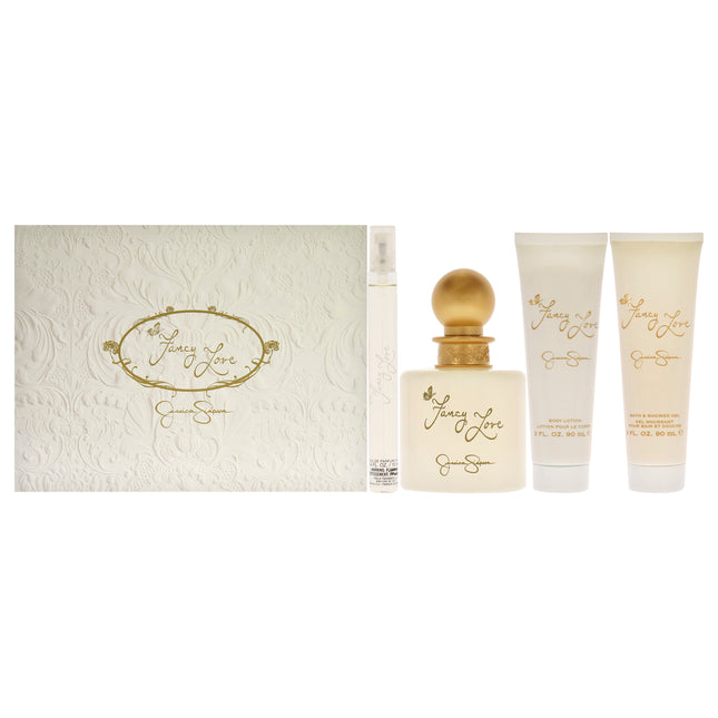 Fancy Love by Jessica Simpson for Women - 4 Pc Gift Set 3.4oz EDP Spray, 0.34oz EDP Mini Spray, 3oz Body Lotion, 3oz Bath and Shower Gel - Perfect Gift for Her
