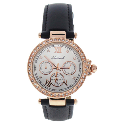 AL0519-08 Rose Gold Black Leather Strap Watch by Antoneli - Stylish Women's Watch for Everyday Wear