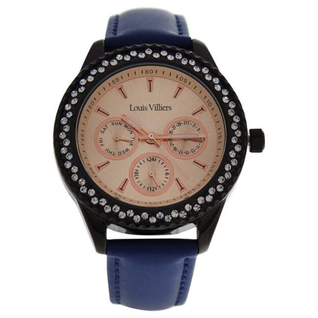 Louis Villiers Black/Blue Leather Strap Watch for Women - Stylish Timepiece for Everyday Wear