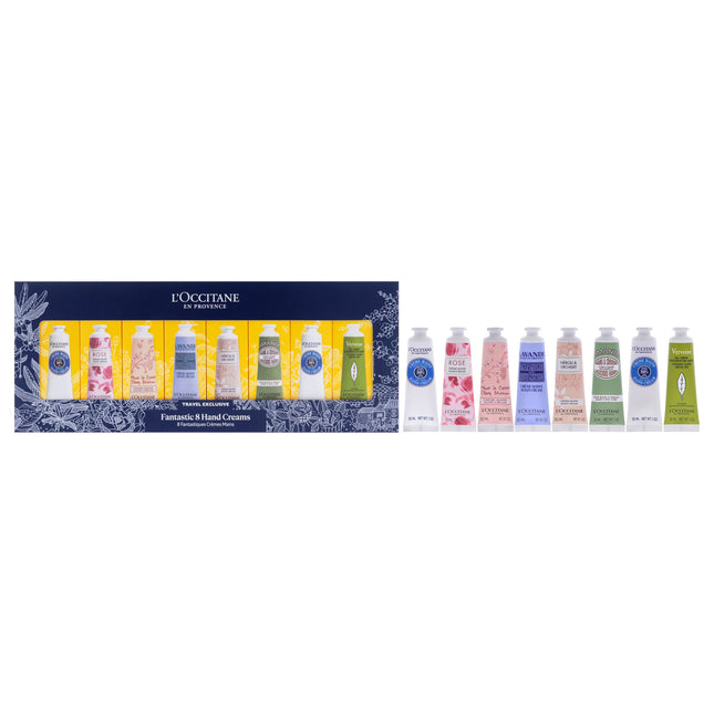 L'Occitane Fantastic 8 Hand Creams Kit for Unisex - Shea, Rose, Cherry Blossom, Lavender, Neroli, Orchid, Almond, Verveine Cooling Hand Cream Gel 8 x 1 oz