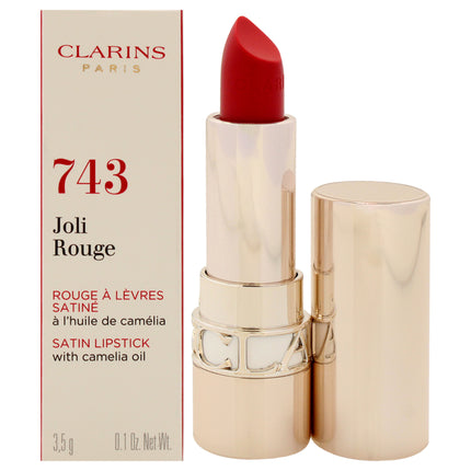 Clarins Joli Rouge Satin Lipstick in 743 Cherry Red - 0.1 oz, Refillable Lipstick for Women