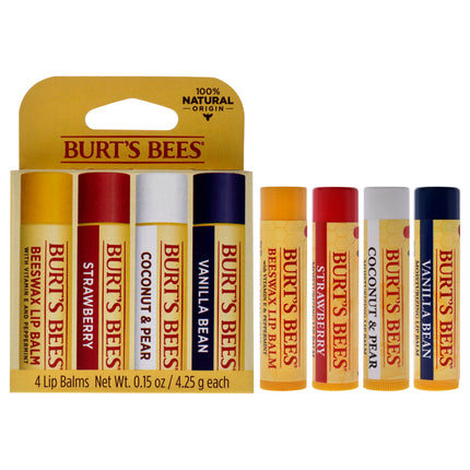 Burts Bees Best Of Burts Moisturizing Lip Balm Set - 4 Pc Unisex Lip Balm Beeswax, Strawberry, Coconut and Pear, Vanilla Bean - 0.15oz Each