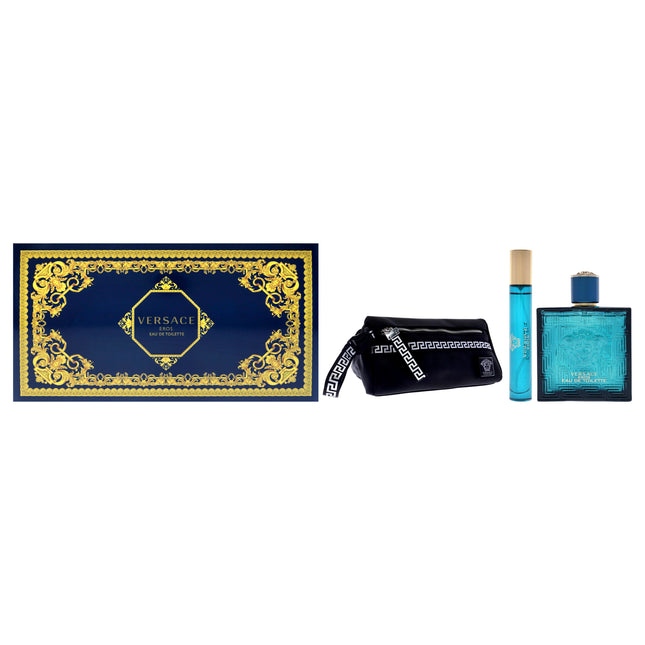 Versace Eros by Versace for Men 3 Pc Gift Set - 3.4oz EDT Spray, 10ml EDT Spray, Blue Trousse