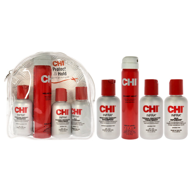 CHI Protect And Hold On The Go Styling Kit - 4 Pc Unisex Travel Set- Infra Shampoo, Treatment, Helmet Head Hair Spray, Silk Infusion